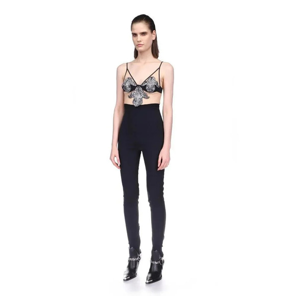 DAVID KOMA Crystal Flower Embroidered Patches Jumpsuit in Black Silver 2 New - Picture 14 of 16